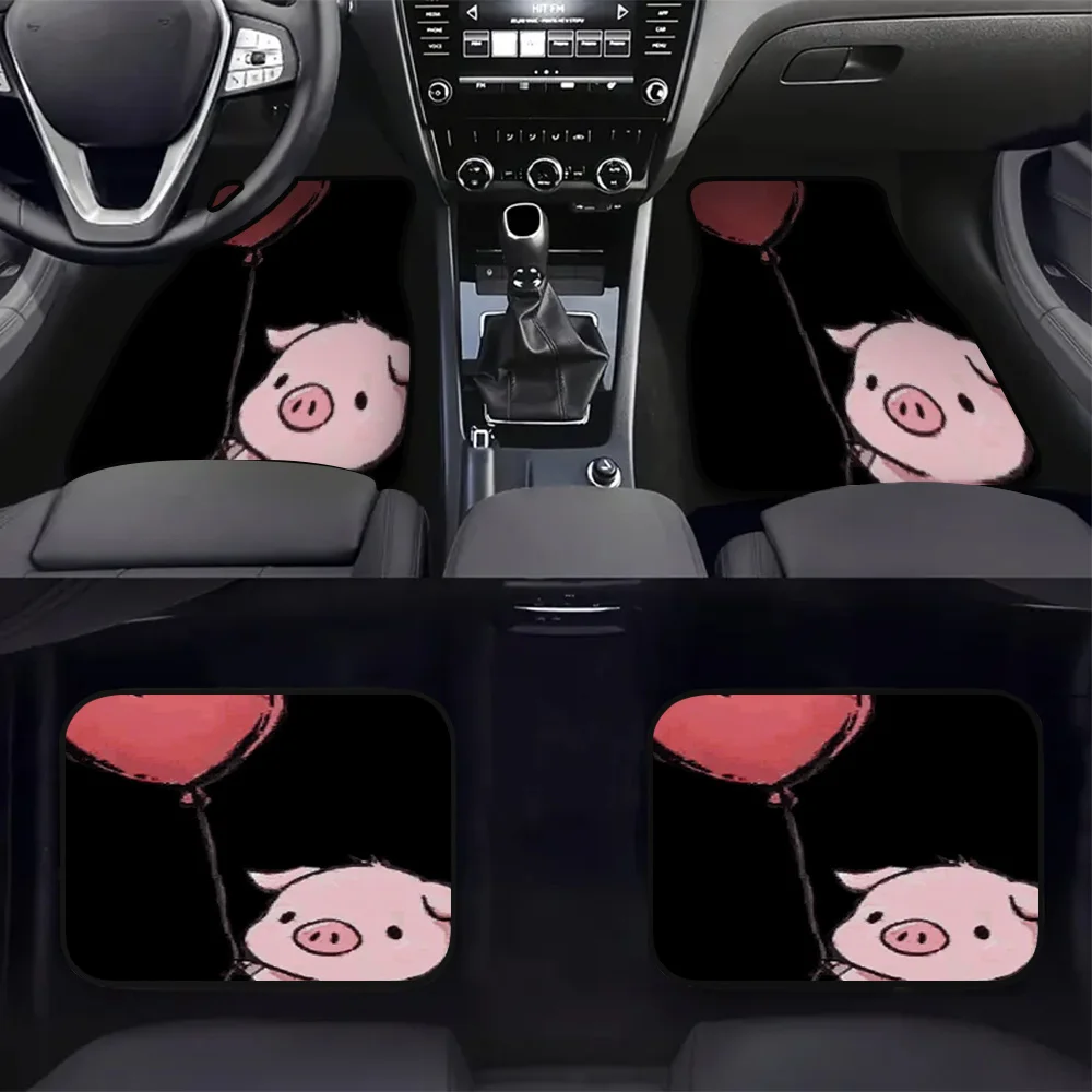 Set Of 4 Car Floor Mats Featuring An Adorable Pig With A Heart-Shaped Balloon Design, Perfect For Family Vehicles Or Road Trips.