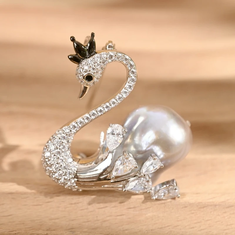 BELLUX S925 Pure Silver White Baroque Pearl Swan Brooch Zircon Gold-plated Light Luxury Elegant Jewelry Brooches