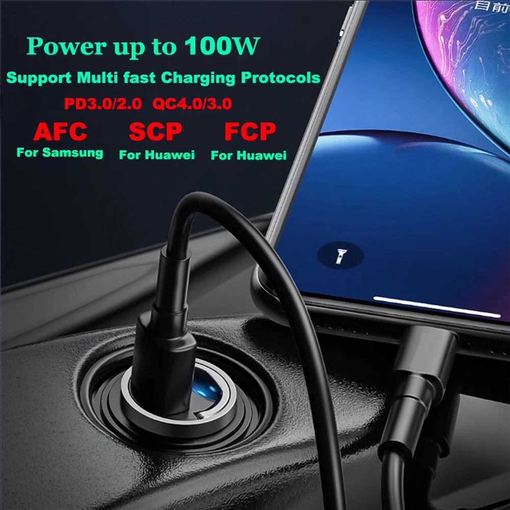 100W QC3.0 PD Mini Car Charger Type C Quick Charge 3.0 2 Port 5A Fast Charing Adapter 12V 24V For iPhone Xiaomi Mobile Phone