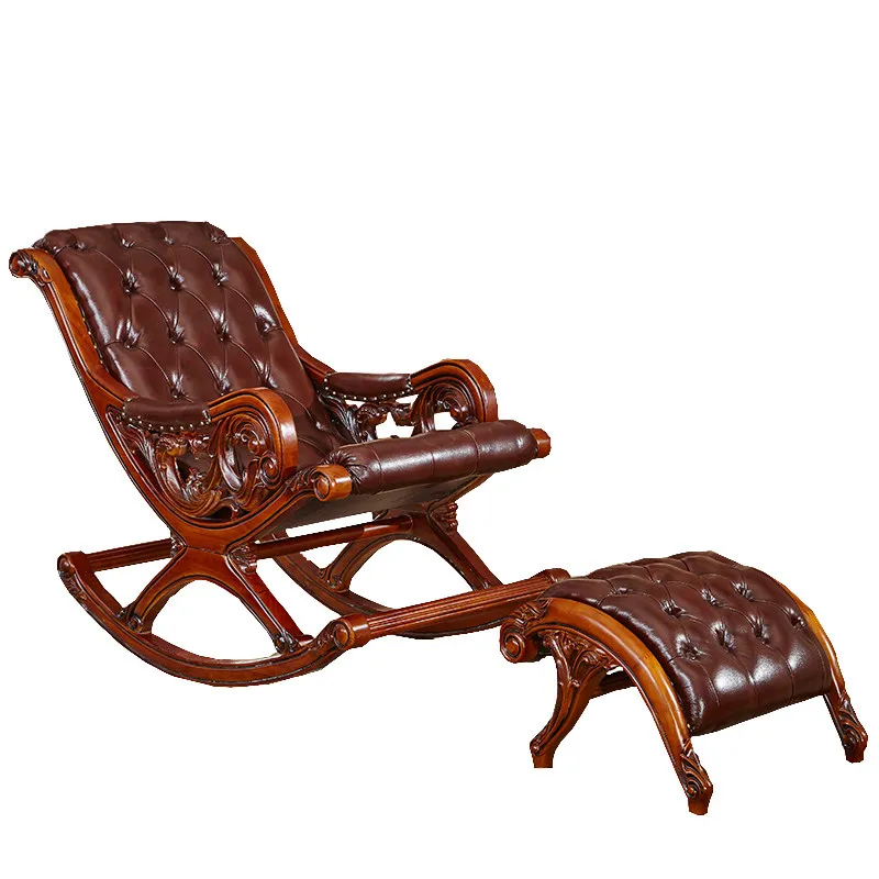 

European leather rocking chair solid wood carving flower nap leisure chair balcony rocking chair old age chair lazy happy
