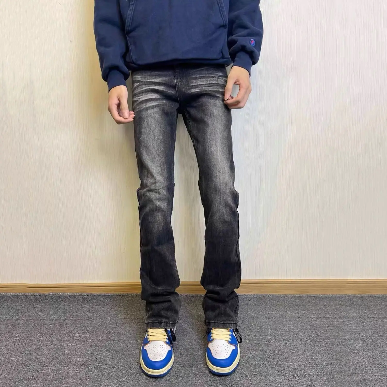Men's Street Vintage Black-gray Skinny Jeans Casual Spring Pants Boys Bottom High Waist Sweatpants Male Flare Denim Trousers
