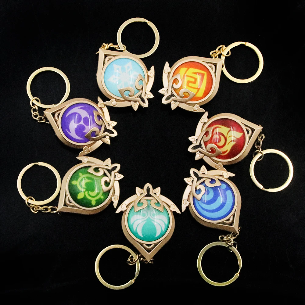 

New Genshin Impact Vision Metal Keychain Eye of God 7 Element Weapons Double Sided Luminous Pendant Keyring Gift Cosplay Jewelry