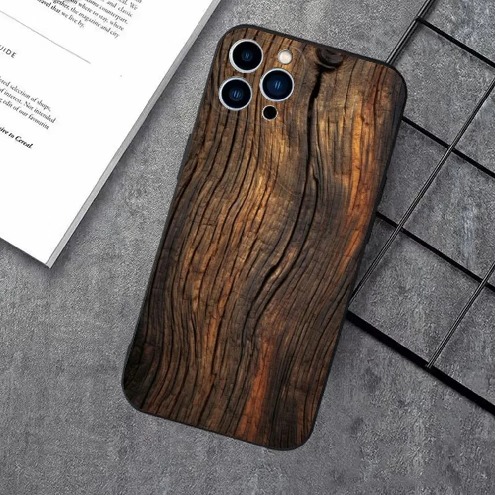 Natural Wood Phone Case For iPhone 15,14,13,12,11 Plus,Pro Max,XS,X,XR,SE,Mini,8,7plus Soft Silicone Black Cover