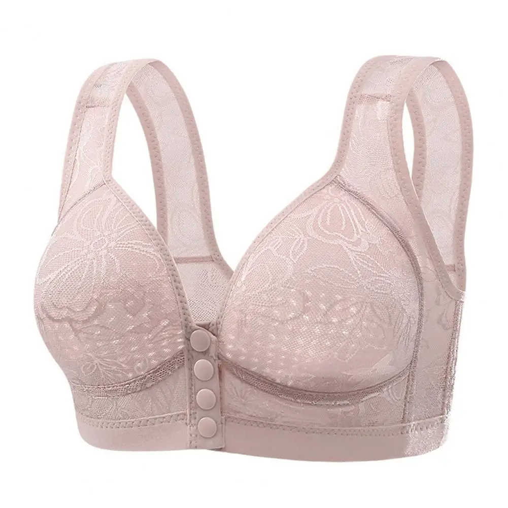 2024 Women Bra Elastic Front Button Closure Floral Lace Shockproof Push-up Anti-snagging Wireless Mother Bra