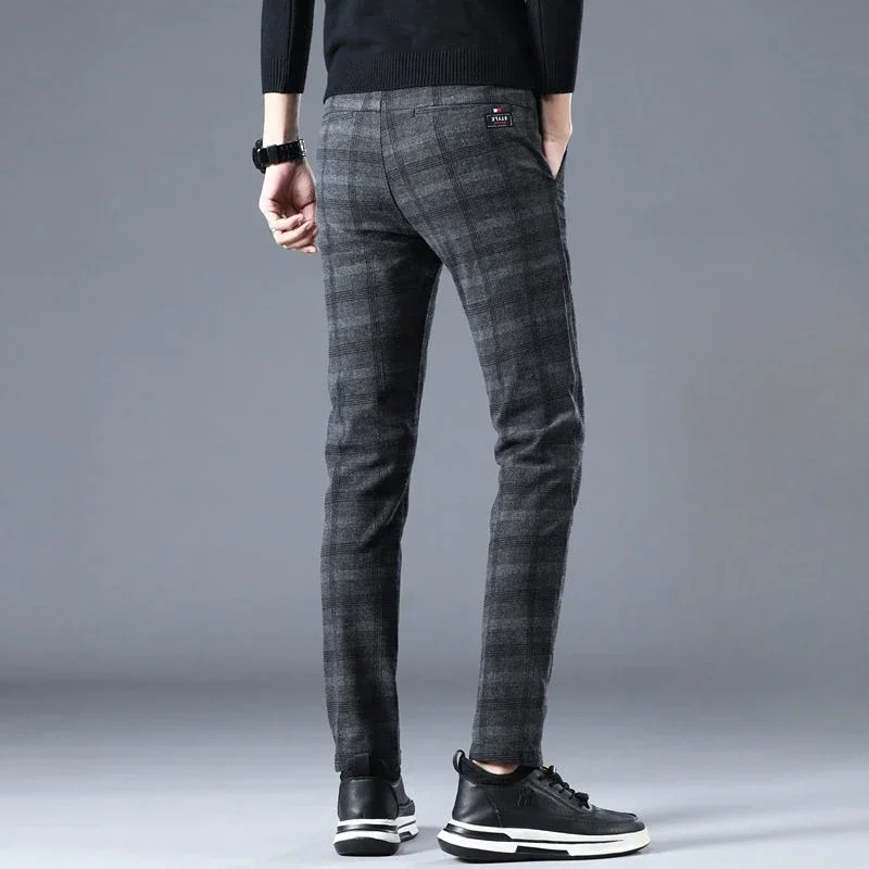 Black Men\'s Summer Pants Straight Plaid Check Male Suit Trousers Stylish 2024 Designer Clothes Spandex Chinese Homme Fabric Up