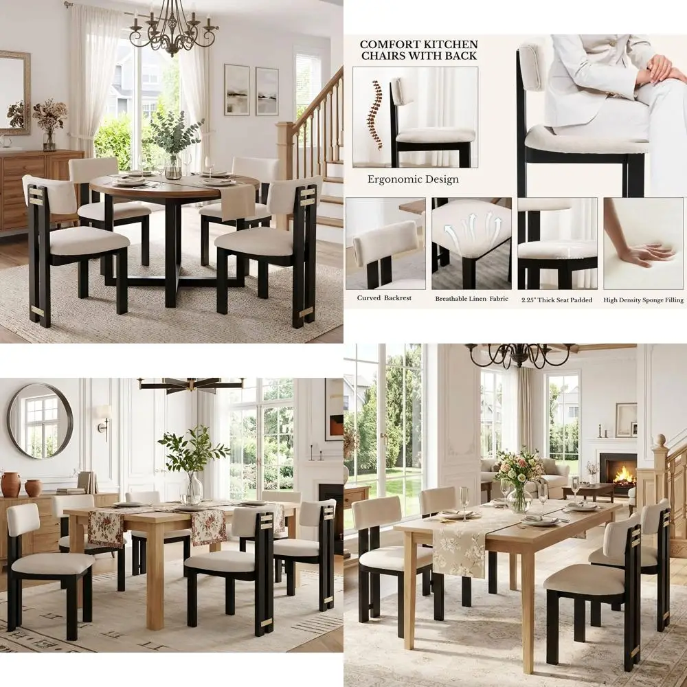 

ern armhouse Linen Dining Chairs Set o 4, Beige abric Upholstered Dining Room Kitchen Chairs with Black Wood e & Curved-Back, Ar