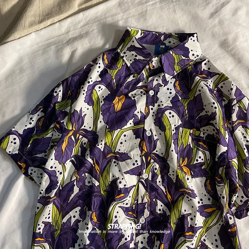 New purple floral short-sleeved floral shirts for men and women Hawaiian vintage Thai and Japanese retro Hong Kong style shirts