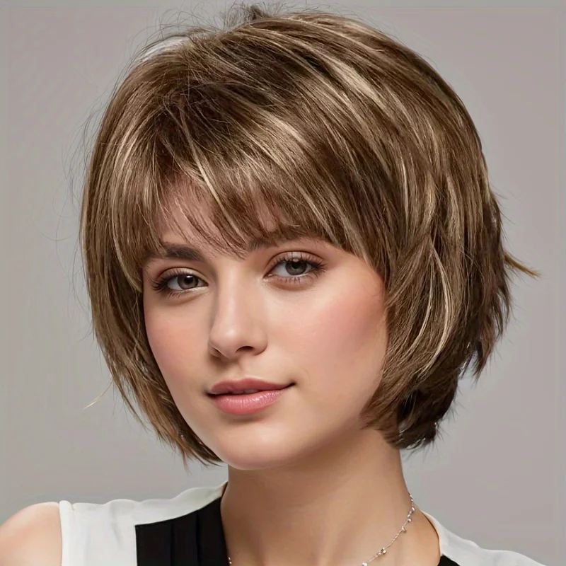 

Короткий многослойный парик-каре цвета каштанового блонда с челкой, натуральный объемный, термостойкий, из синтетических волос, для женщин.