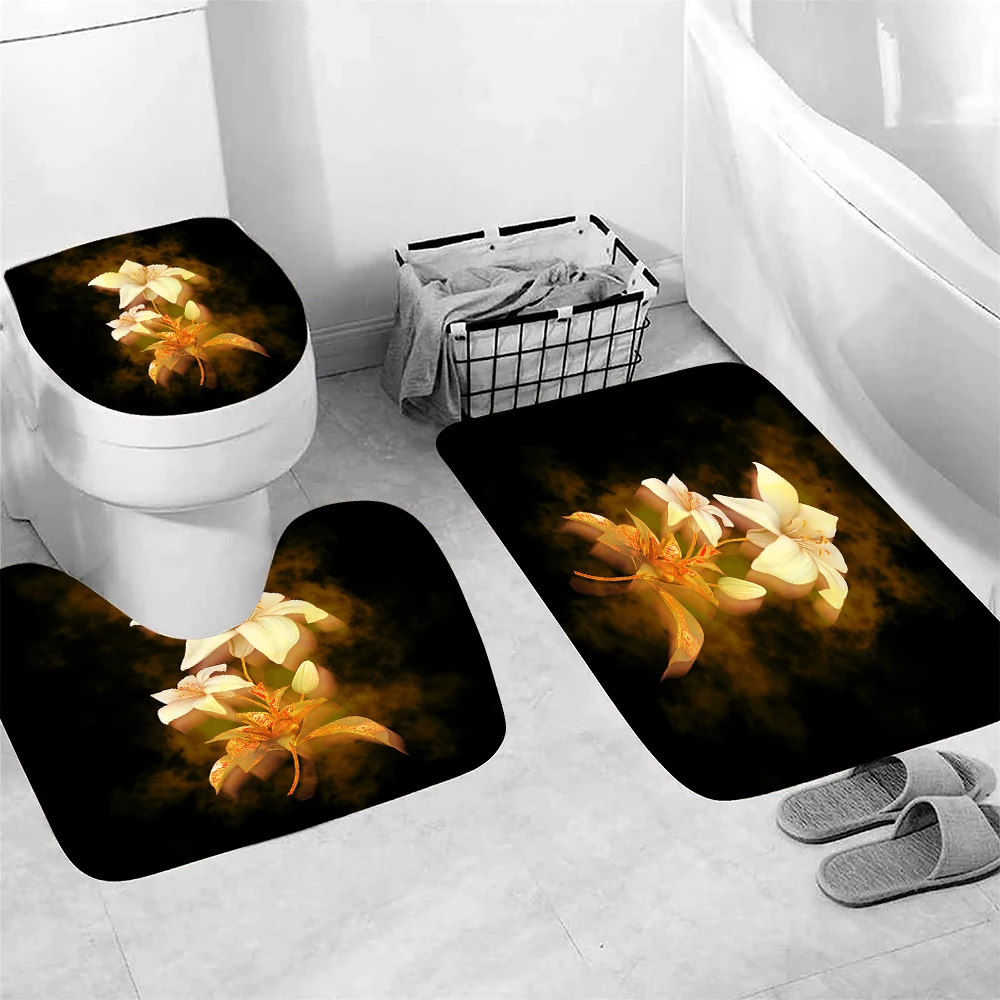 Red Rose Set of 3 Bathroom Bath Mat Set Soft Non Slip Mat Bathroom Rug Absorbent Shower Carpets Toilet Lid Cover Floor