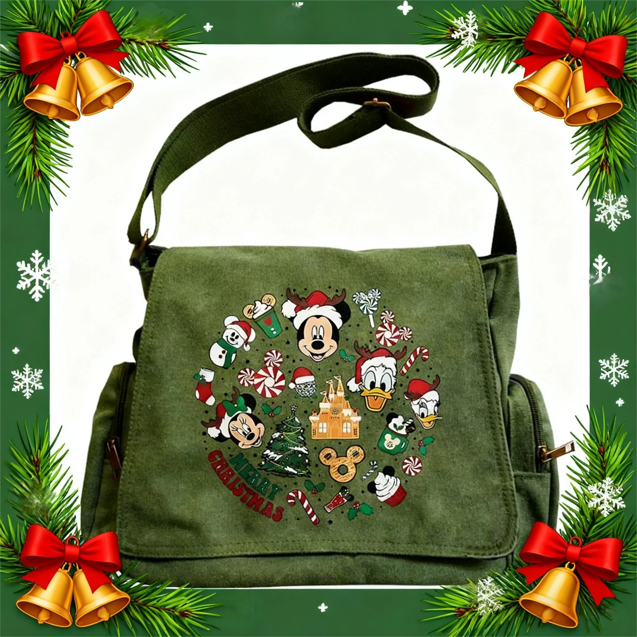 

Disney New Christmas Theme Canvas Bag Multiple Pockets Women's Shuolder Bag With Mickey Print Crossbody Bag For Women Gifts