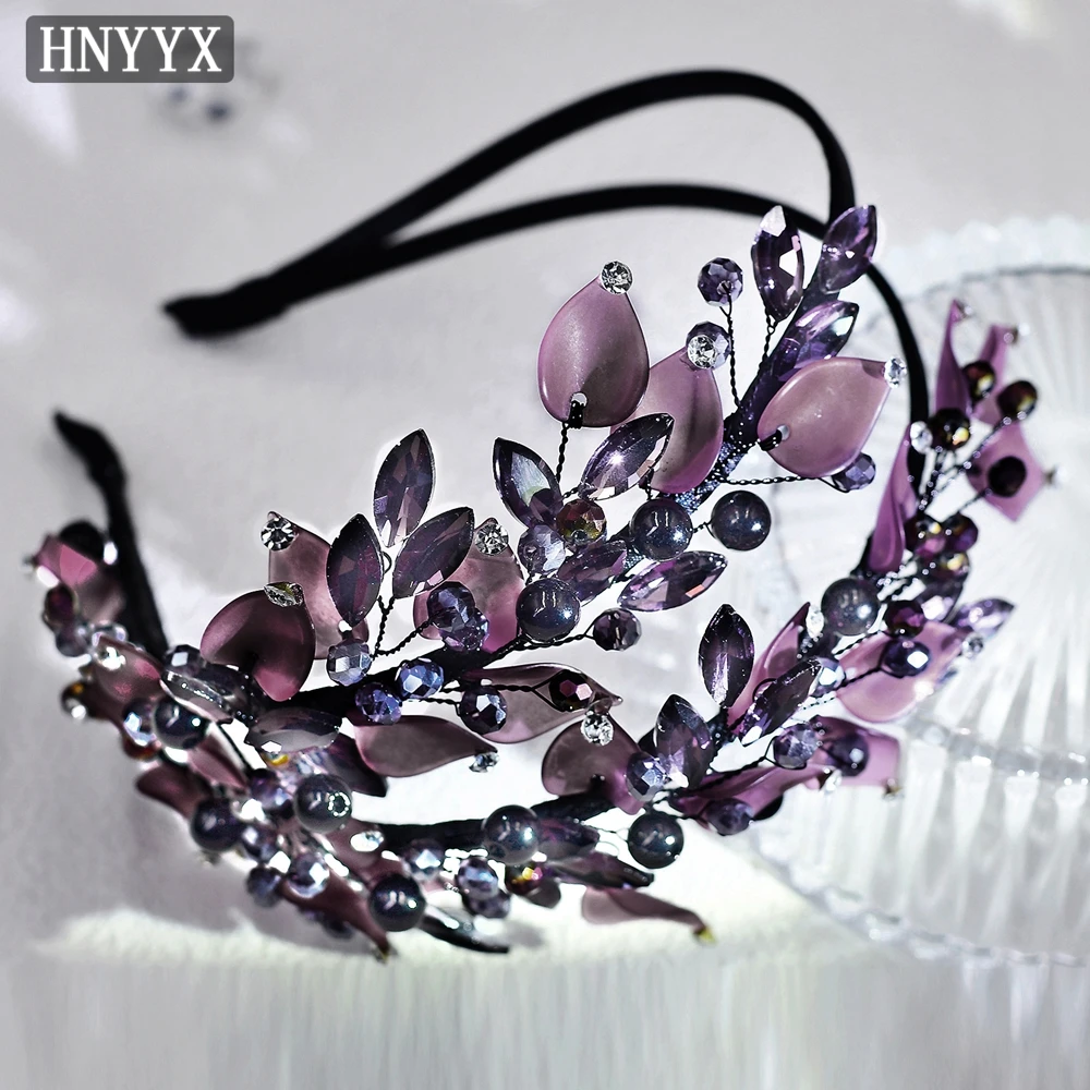 HNYYX Purple Rhinestone Headband Crystal Beaded Hair Accessories Luxury Vintage Hairpiece Party Headwear Wedding Hair Tiara A143