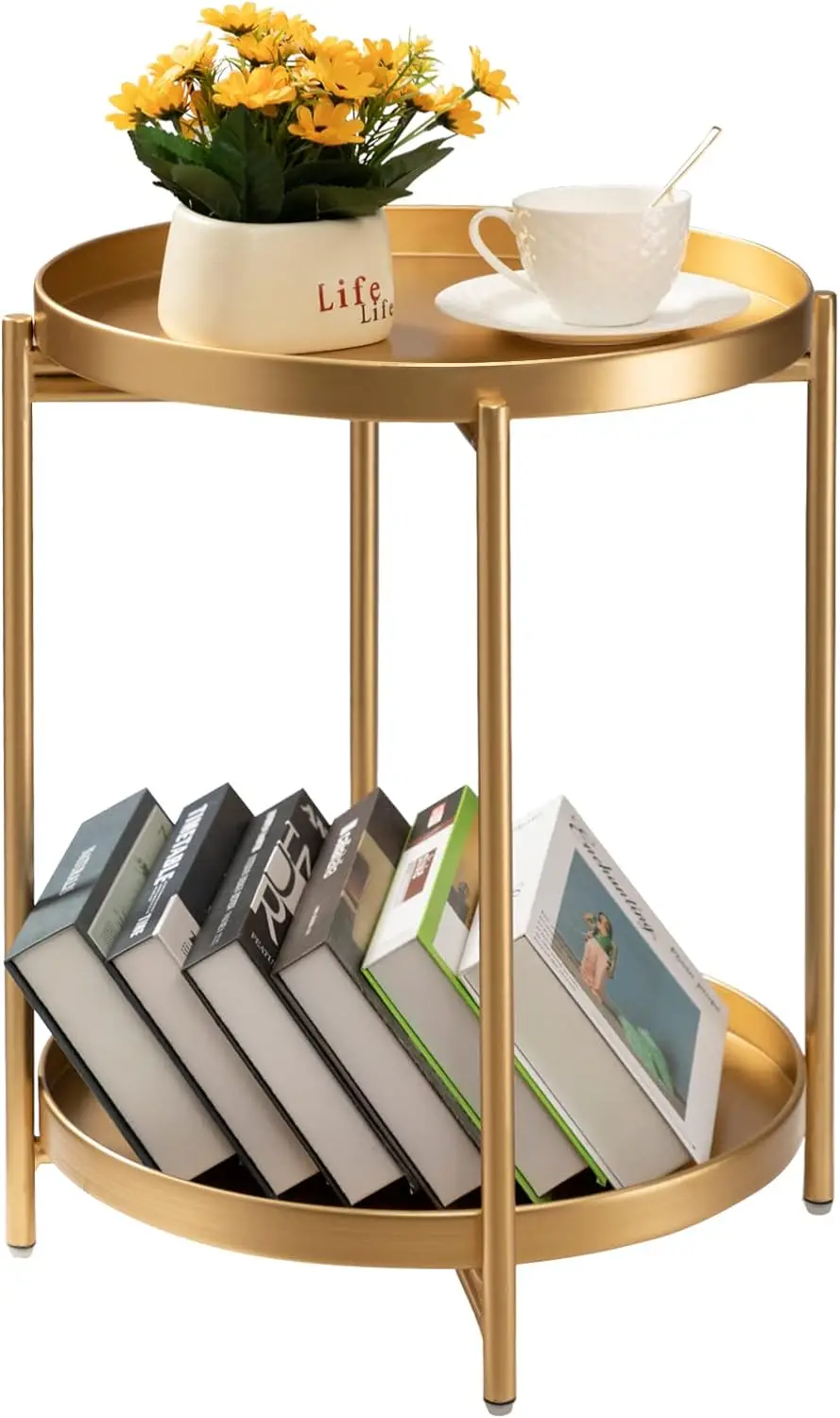 

2 Tier Round Side Table, Folding Metal Small Bedside Nightstand for with Two Removable Tray for Bedroom Living Room Bedside Smal