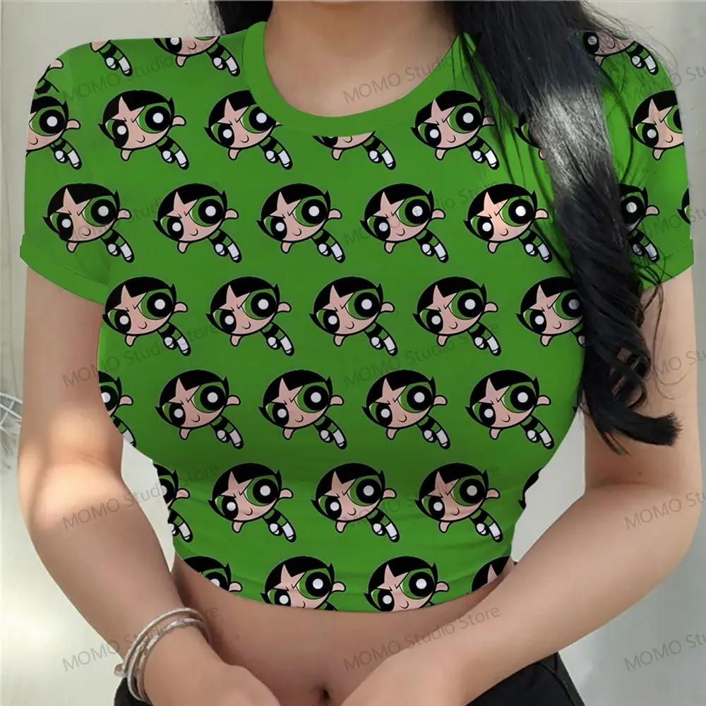 Tshirt Women\'s T-Shirt The Powerpuff Girls Crop Top Clothing 2024 Y2k XS-3XL Woman Clothes Short Sleeve Tops Leisure Kawaii Cute