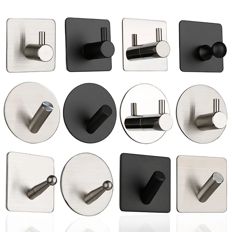 Self Adhesive Wall Hook Stainless Steel Towel Rack Bathroom Hardware Shelf Robe Hooks Hanger Shower Shelf Hanging Accessories