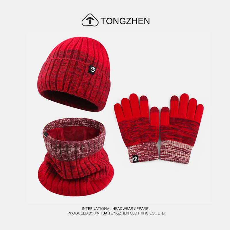 Unisex Winter Gradient Color 3‑Piece Set Knitted Beanie Hat Scarf Gloves Cold‑Proof Thermal Outdoor Windproof Warm Winter Set