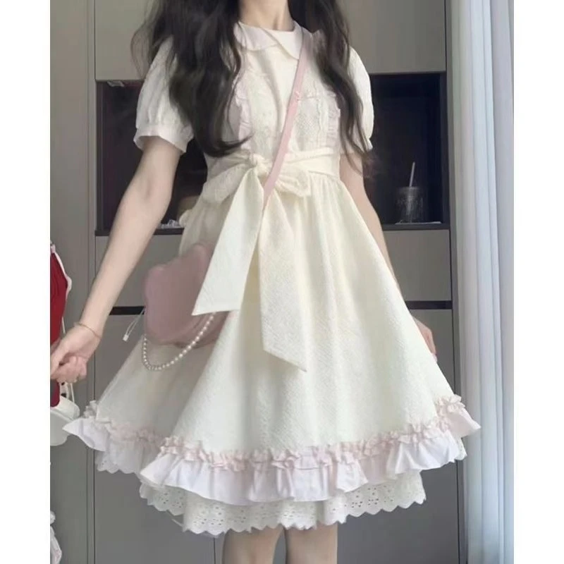 2025, japanische Kawaii-Lolita-Spitzenkleider, kurzärmelige Schleife, süße Minikleid, Y2k, ästhetisch, elegant, Herbst-Winter-Party-Rock
