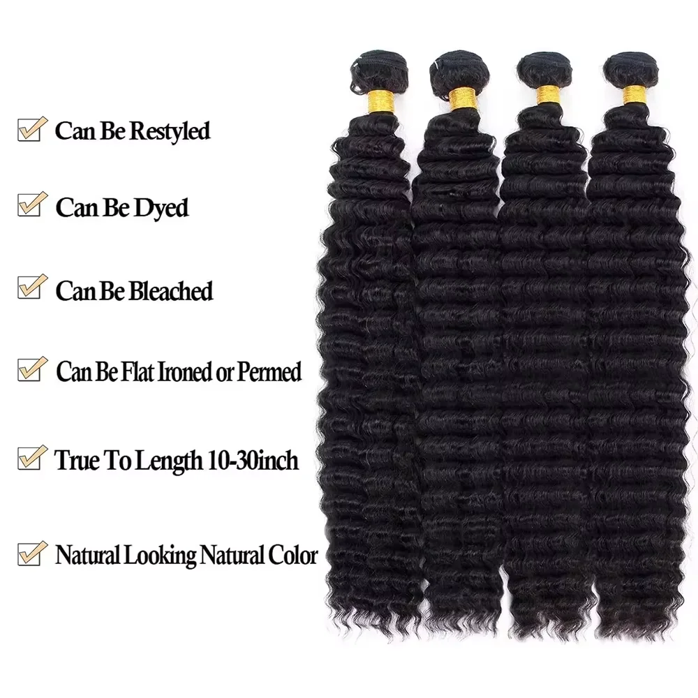 30 32 Inches Deep Wave Natural Color Bundles with Closure 4x4 13x4 Brazilian Hair Extension 100% Remy Hair Bundles Unprocessed
