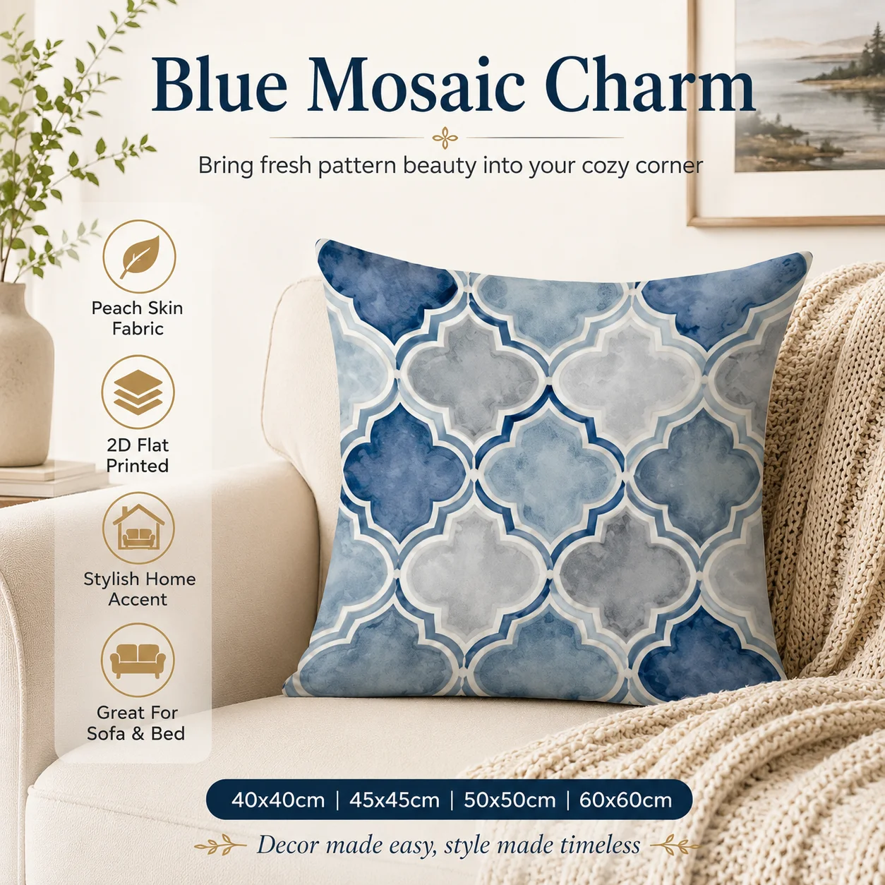 Watercolor Blue Geometric Cushion Cover 2D Flat Printed Peach Skin Pillowcase for Couch Chair Bed Sofa Home Decoration view 3