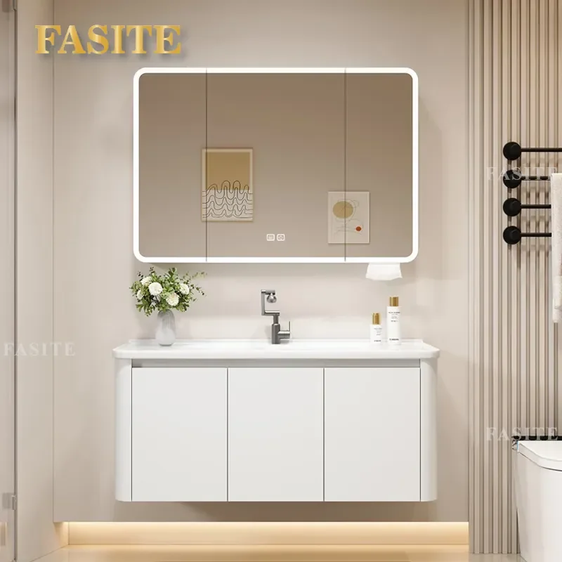 For Bathroom Wall Mounted Smart Mirror Cabinet Waterproof LED Anti Fog Storage Shelf Modern Vanity Unit with Rack Space