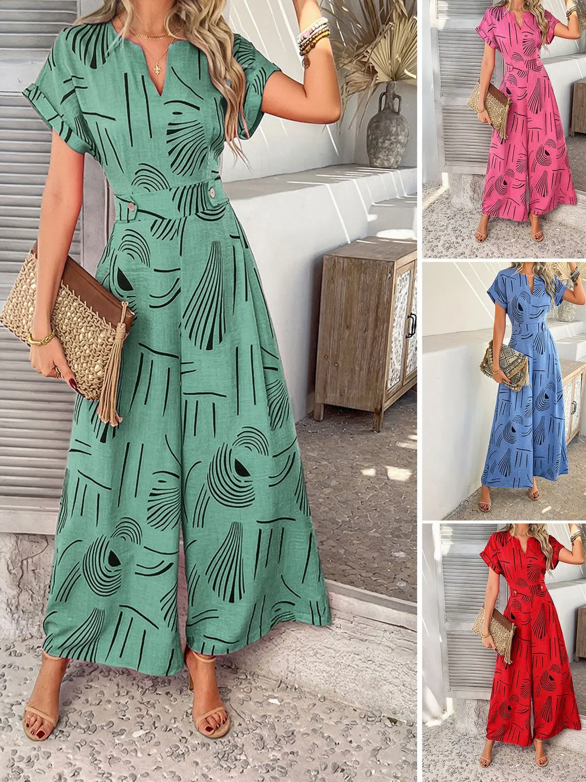 

High Waist Short Sleeve Printed Jumpsuit Pants Wide Leg Long Pants Fashionable Versatile Polyester Fiber Online Exclusive