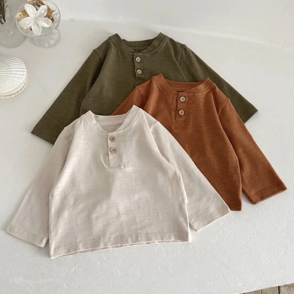 Toddler Spring Autumn Long Sleeve Henley T-shirt 3Pcs Set Retro Solid Baby Half Button Soft Versatile Basic Top 3 Pack
