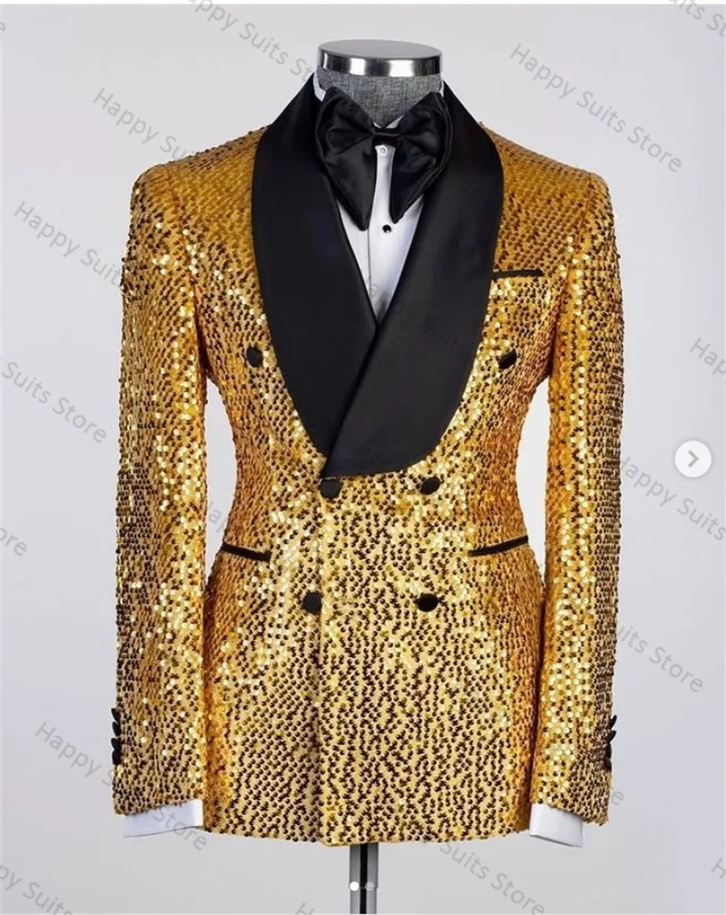 

Gold Sequins Men Suit Pant Set 2 Pcs Blazer+Trousers Shiny Work Office Male Business Jacket Coat Trousers Prom Wedding Tuxedo