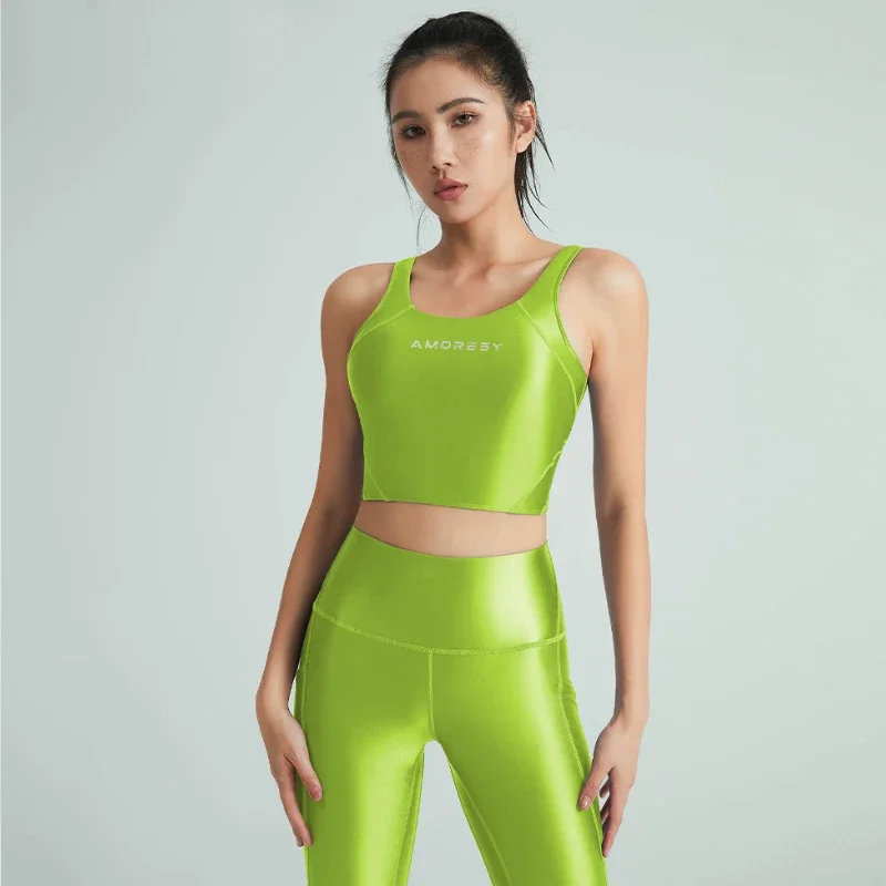 Ropa satinada brillante para mujer, chaleco, pantalones de cintura alta al óleo, entrenamiento, Fitness suave, brillo, Yoga, correr, deporte, gimnasio, conjunto de leggings