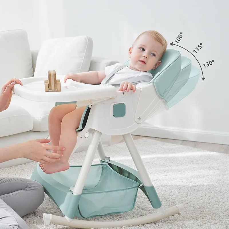 3-in-1 Convertible Baby High Chair Foldable Infant Chair Rocking Chair with Harness Lockable Wheels Removable Seat & Trays