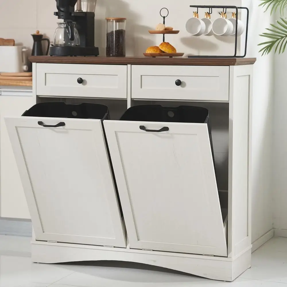 

Freestanding 2x13 Gallon Kitchen Trash & Recycling Cabinet with Hideaway Drawers, Pet-Proof, Antique White