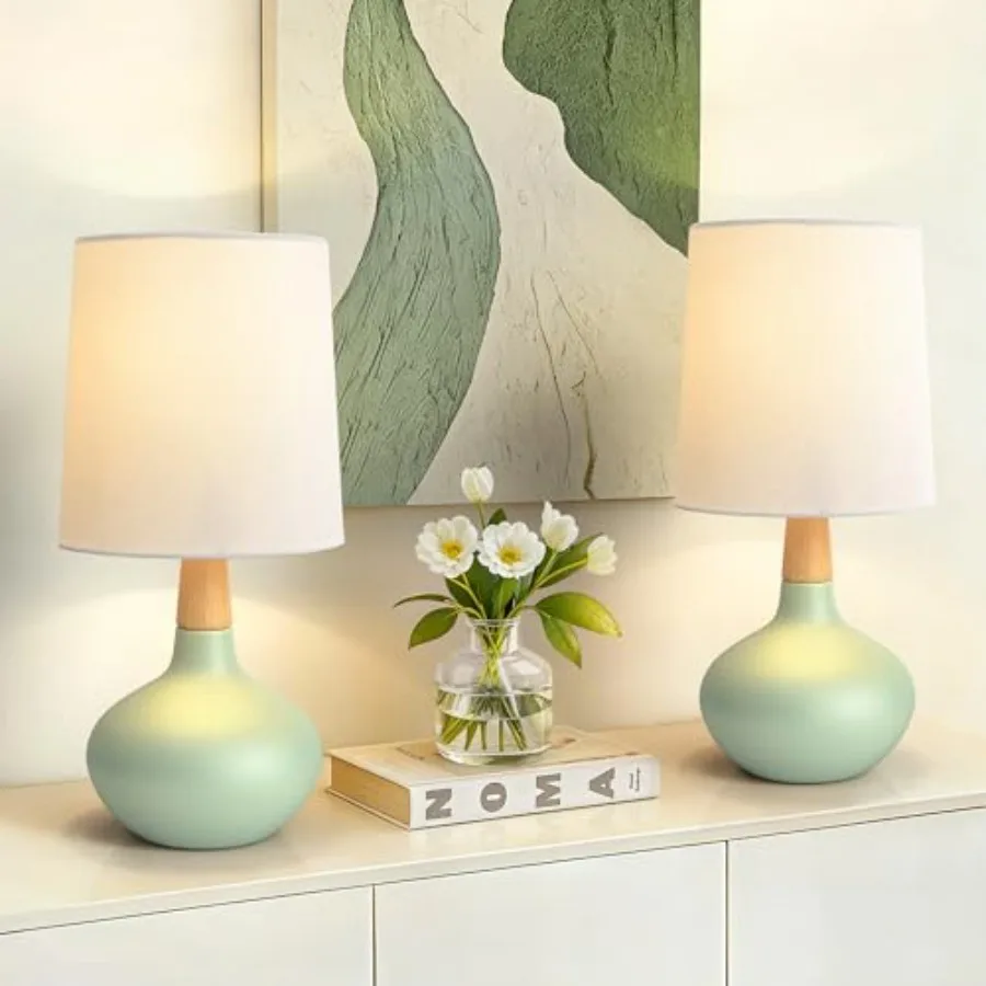 

14" Ceramic Table Lamp Set of 2 Small Bedside Lamp with Natural Wood Stem and Linen Shade Modern Farmhouse Night Lamp for Bedro