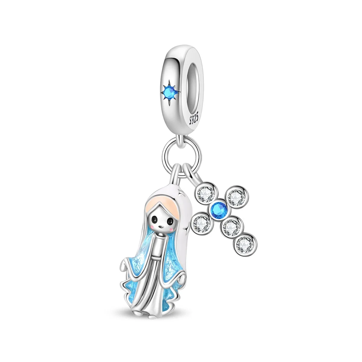 Original Blue Zircon Cross Virgin Mary Prayer Pendant Beads Fit Bracelet Charm 925 Silver Jewelry Making Fine Gift Diy Accessory