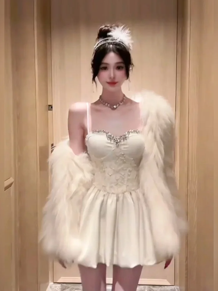 

XZY Ele Heavy-Du Diamond-Embroidered Strap Dr Women's Waist-Cinching Princ Bloom Skirt Casual Polyester Fiber