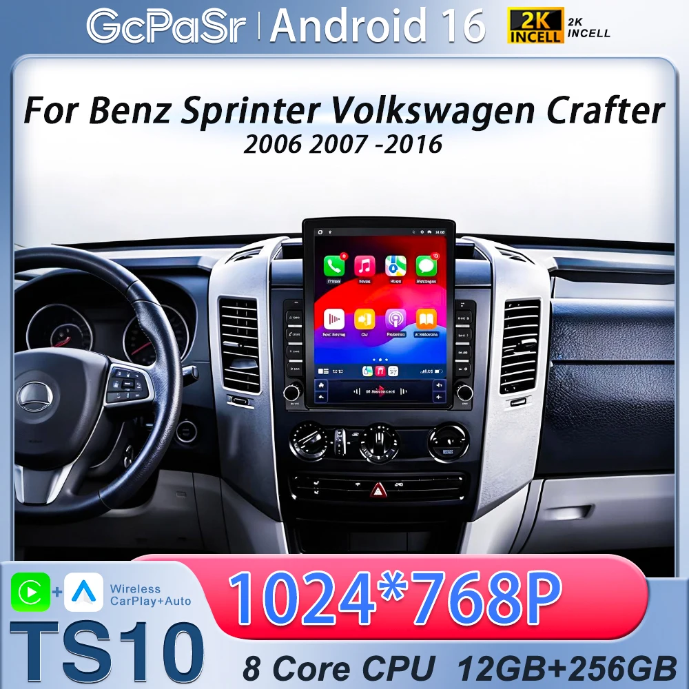 9.7 inch For Benz Sprinter Volkswagen Crafter 2006 2007 -2016 Wireless Carplay Android 16 Vertical Screen Car Radio Multimedia