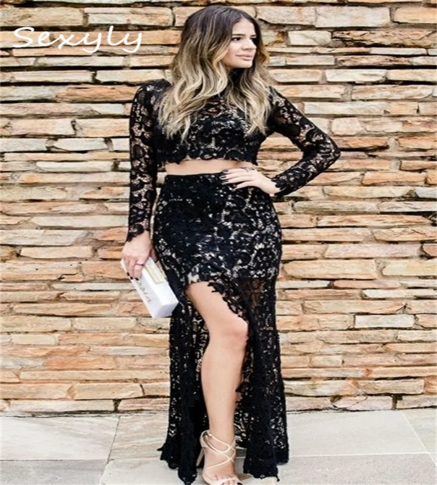 Sexy Two Piece Black Evening Dress 2023 Full Lace Long Sleeve Maxi Prom Dress With Slit Elegant Holiday Formal Birthday Party