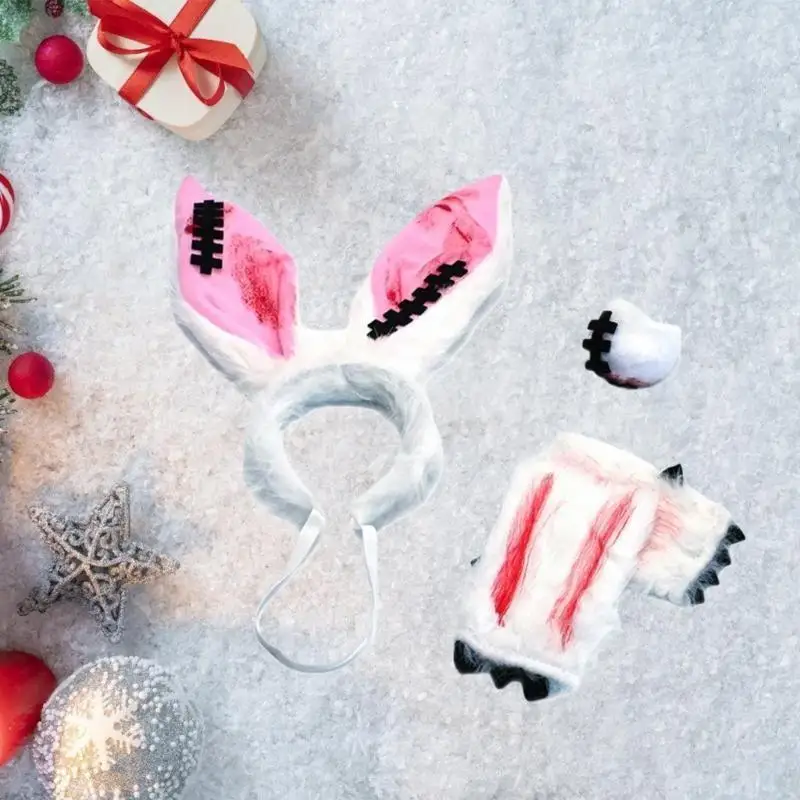 652f Cosplay coelhos Halloween Acessório fantasia com coelhos Eares Bandra da cabeça Tail e luvas para mulheres