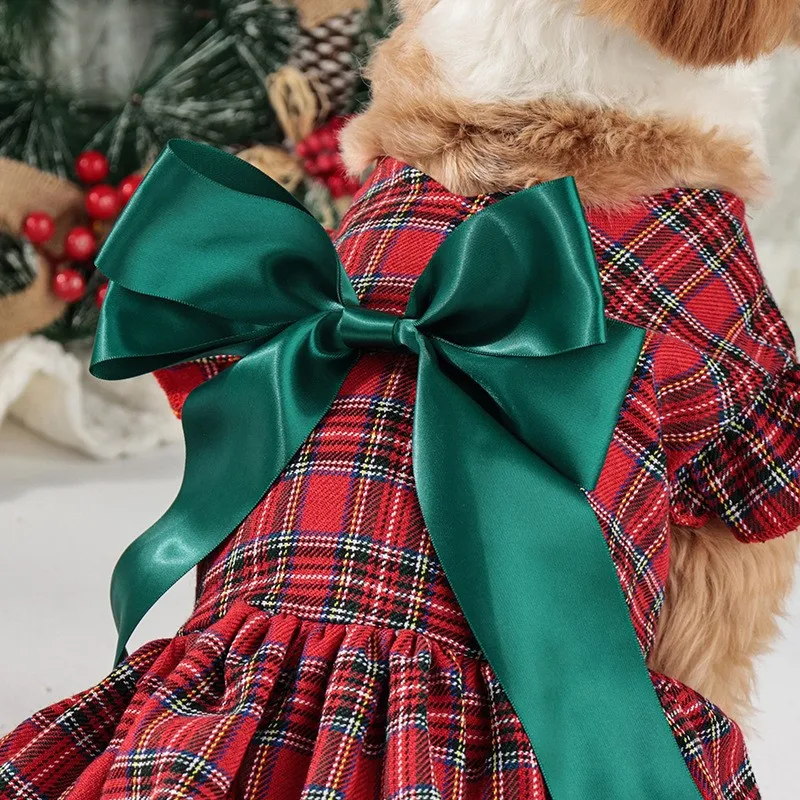 New Christmas Cute Pet Dog Clothes, Christmas Classic Plaid Skirt, Puppy Holiday Clothing, Lotus Leaf Sleeves