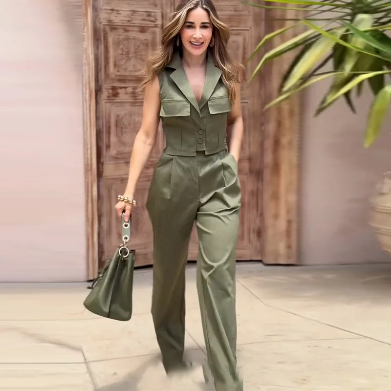 

Vest 2 Piece Sets Women Office Lady Suit Waistcoat Wide Leg Pants High Waist Sleeveless Coat Ensemble 2025 Temperament Outfits