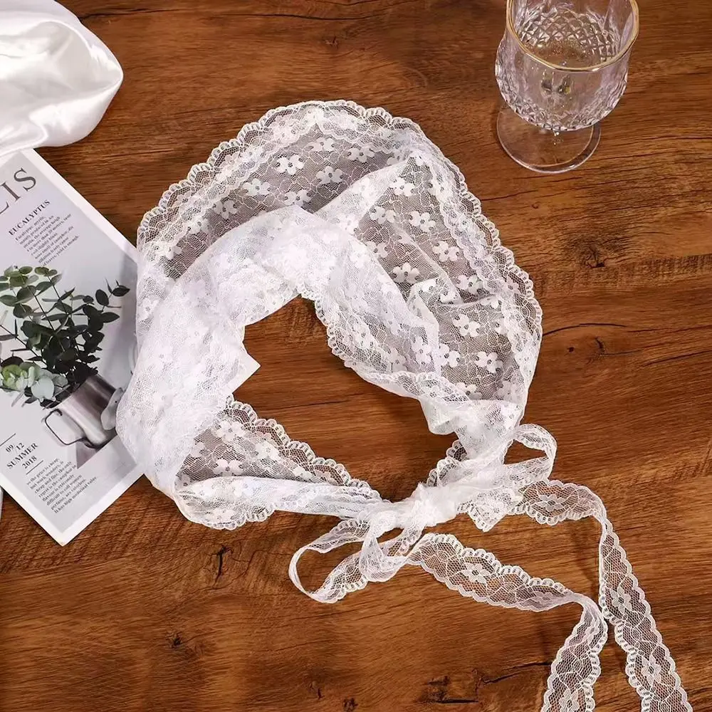 Sweet Embroidered Lace Triangle Headscarf White Pastoral Style Hair Bandana Hollow-out Woven Floral Lace Skirt Hair Accessories