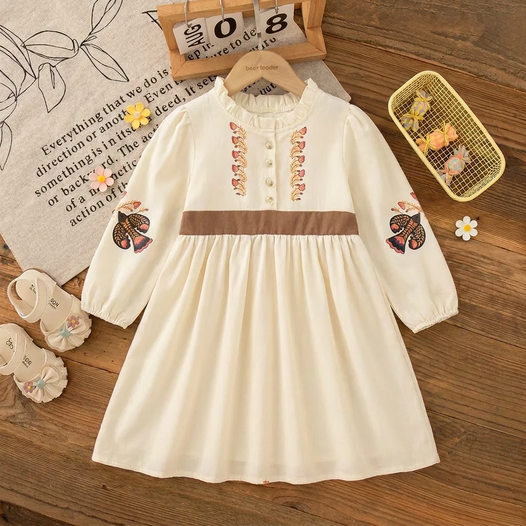 Korean Version Autumn New 3-7 Year Old Girls' Casual Clothing Bohemian Style Long Sleeved Printed Dress