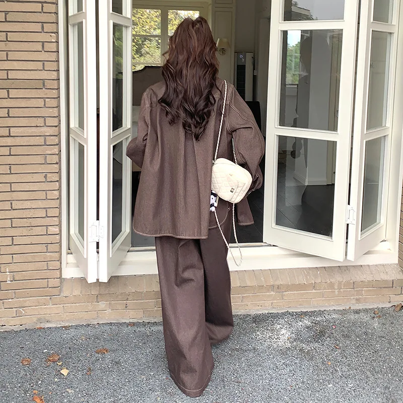 Traje vaquero informal de café para mujer, abrigo dulce, pantalones de pierna ancha de cintura alta, traje de dos piezas, primavera 2025