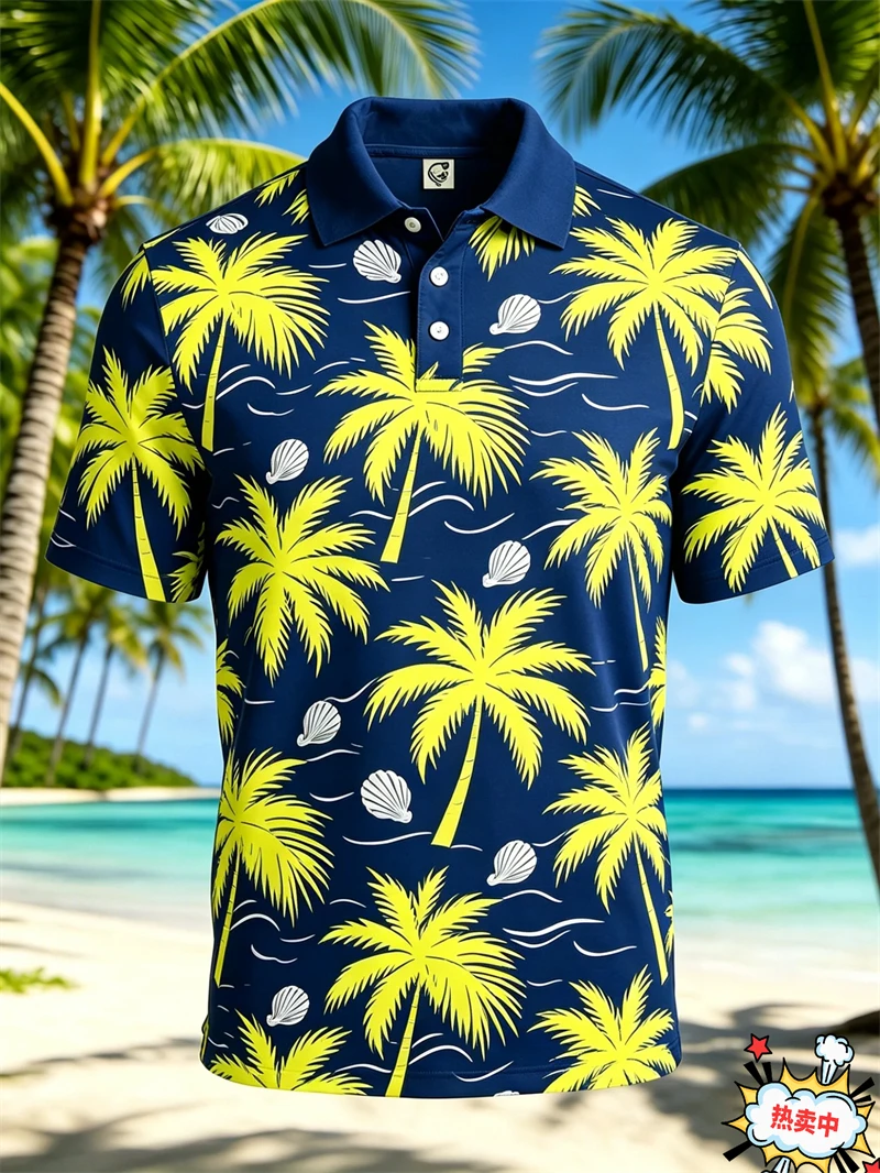 Hawaiian Beach Coconut Trees Polo Shirt For Men Summer 3D Print Short Sleeve Golf Polo Shirts Streetwear casual outdoor tops