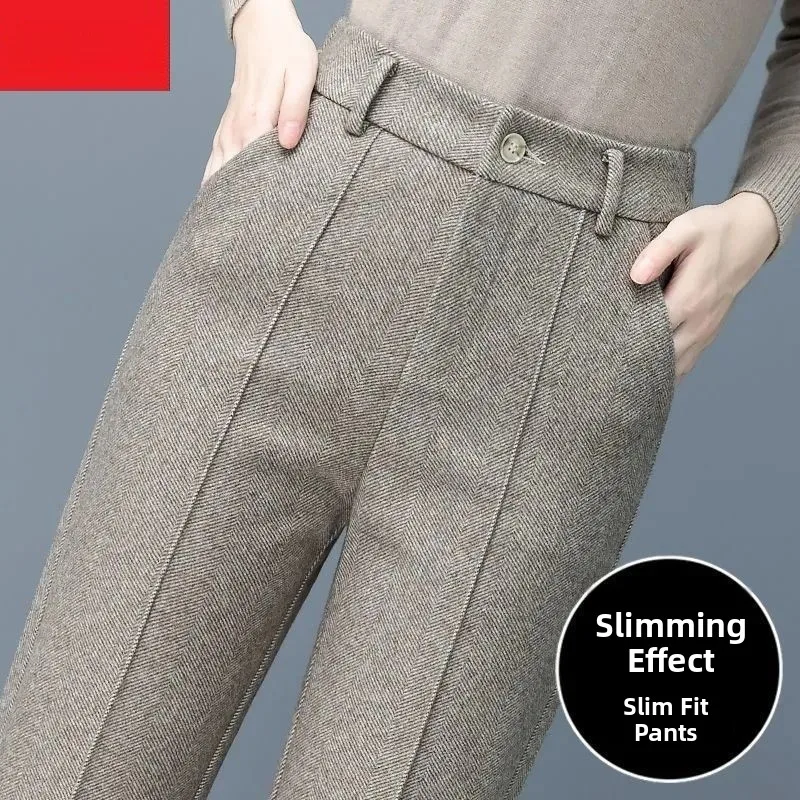 

Шерстяные шаровары с высокой талией, осенне-зимние клетчатые брюки-сигареты, модные прямые брюки на подкладке для похудения