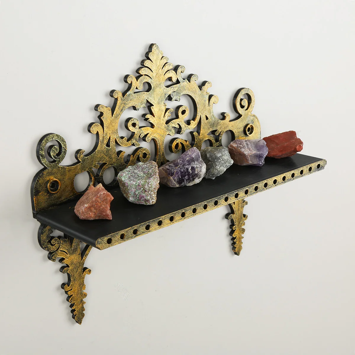Cross-border Baroque Vintage Black Gold Hollow Scroll Wall Mount Shelf, European Palace Floating Wall Rack for Crystals Candles