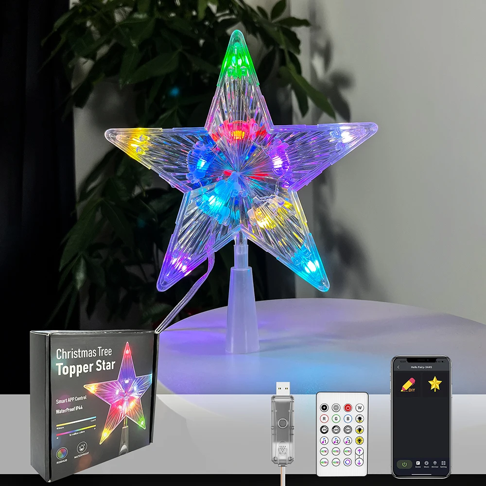 19cm RGB gwiazda na szczyt choinki bożonarodzeniowej LED kontrola aplikacji Led świecące gwiazdka lekki Pentagram ozdoba choinkowa dekoracji 2024