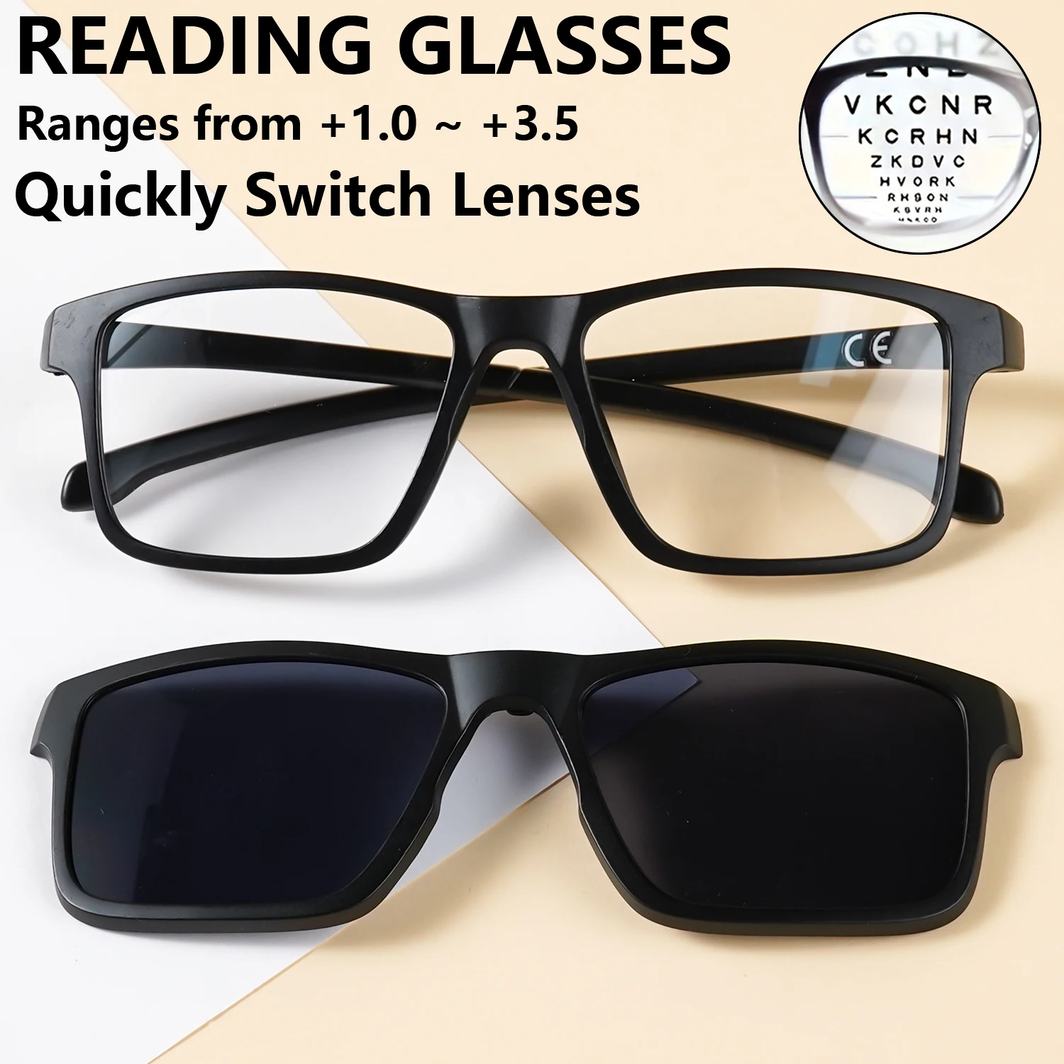 2 in 1 Square Reading Glasses Sunglasses Magnetic Clip On Eyewear Matte Black Frame Presbyopic Readers with Polarized Sun Lens