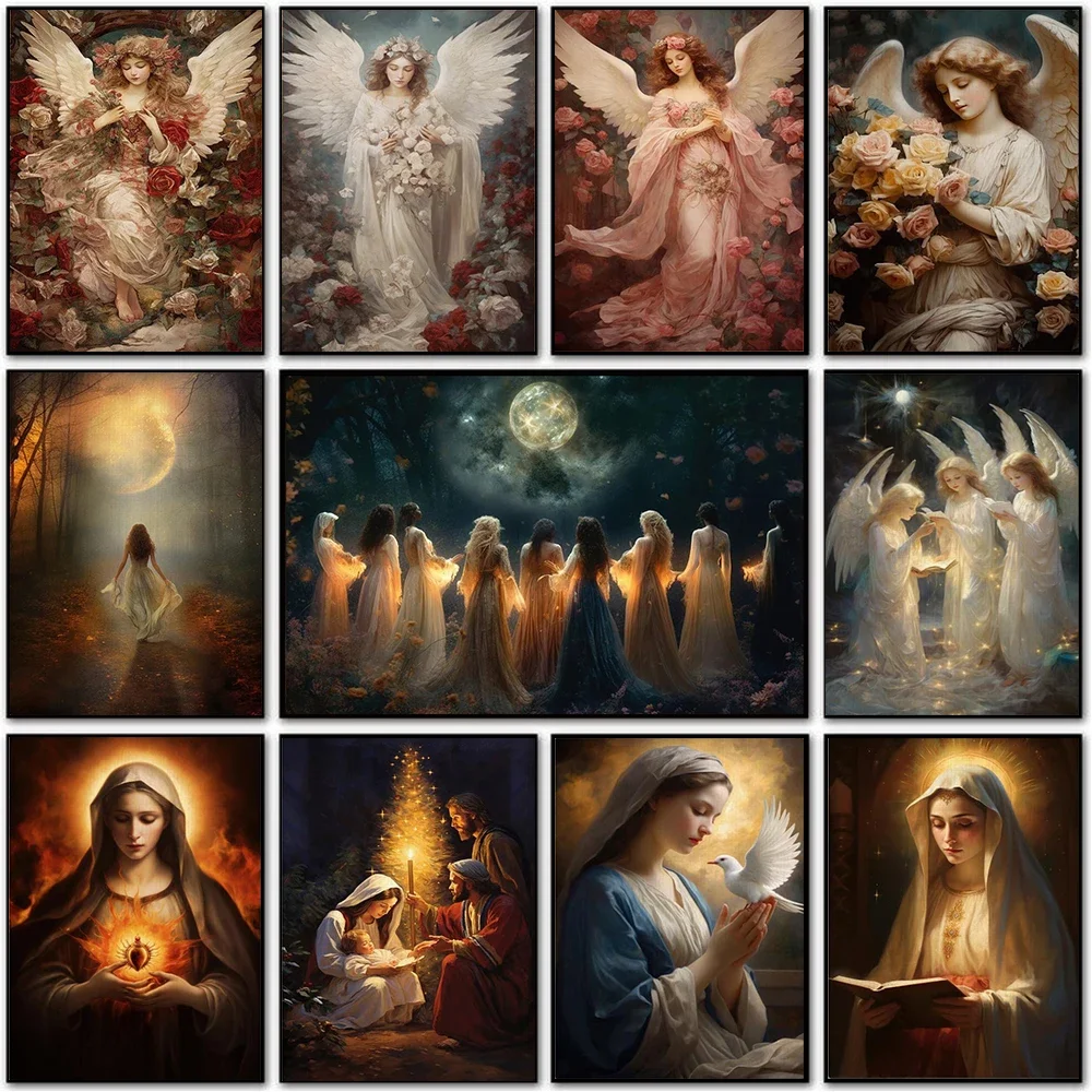 Vintage, Wall Art, Religion, Jesus, Christmas Moon Magic Angel, HD Canvas Print Poster, Home Living Room Room Decoration