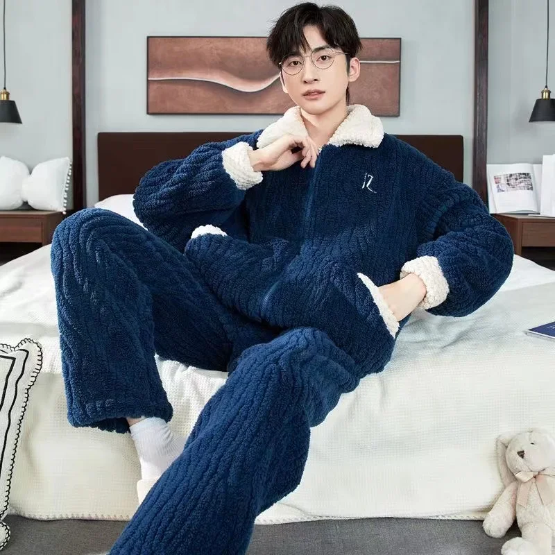 

Winter Thick Warm Flannel Pajama Sets For Men Coral Velvet Sleepwear Turn-Down Collar Zipper Men's Sleep Nightwear Home Clothes