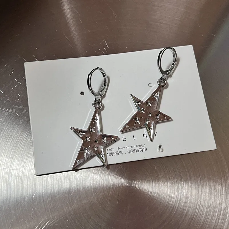 Y2K Metal Stars Drop Pendant Earring for Women Girl Silver Color Exquisite Rhinestone Asterism Punk Jewelry Party Accessories