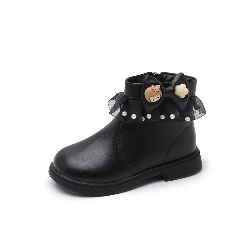 Kids Girls Princess Ankle Boots Pearl Tulle Ruffle Bow Cartoon Side Zipper Short Leather Boots