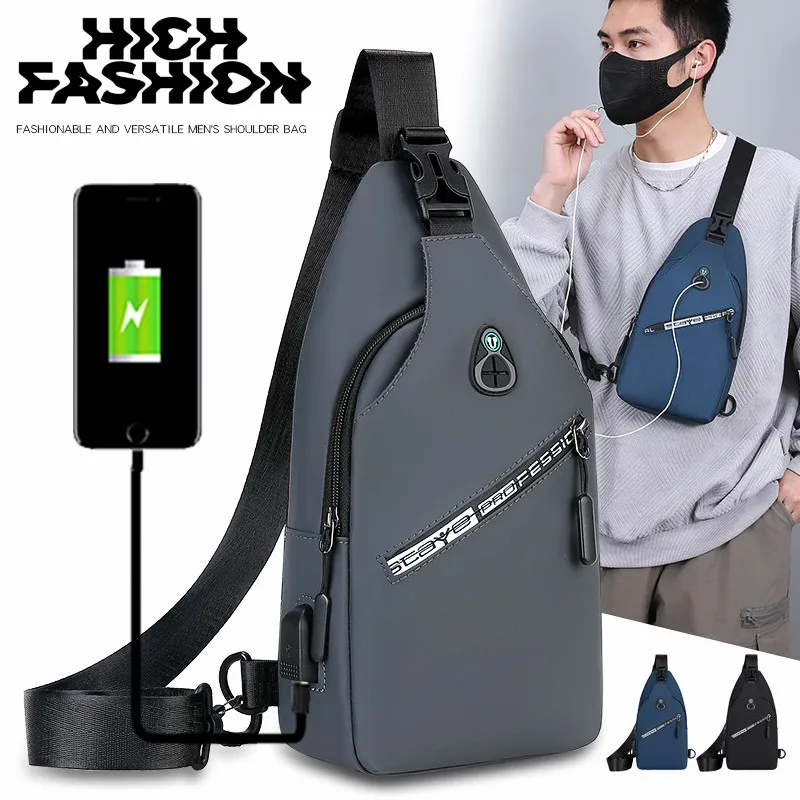 New Men Chest Bag Fashion Sports Shoulder Bags Waterproof Nylon Crossbody Bag Women Outdoor Hiking Sling Bag with Charging Port